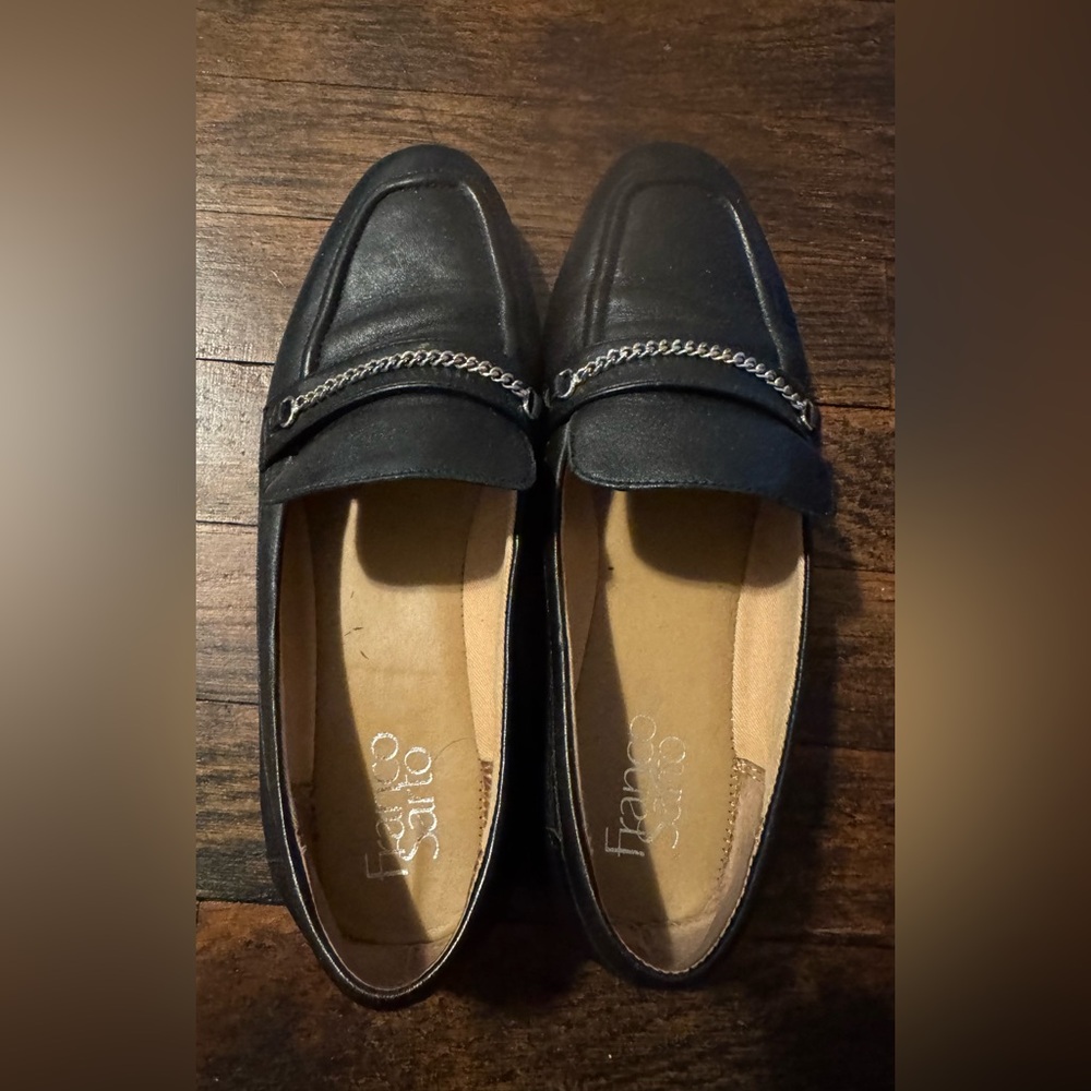 Franco Sarto Black Loafers with Silver Chain Detail